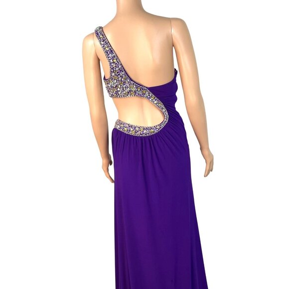 Evenings by Allure One-Shoulder Purple Evening Gown w/ Beaded  Side Back Cutout - Picture 7 of 12